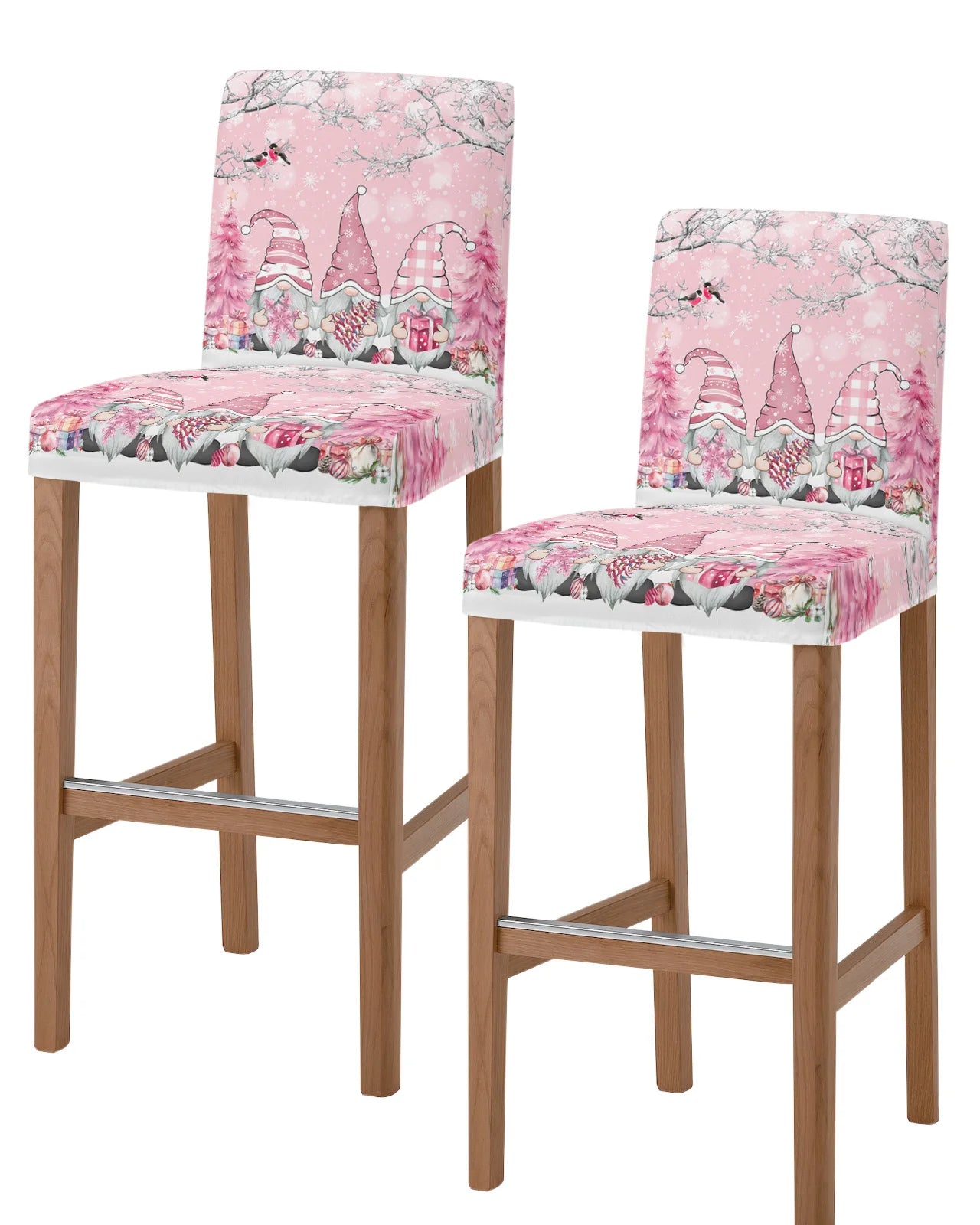 Christmas Pink Christmas Tree Snowflake High Back 2pcs Chair Covers Kitchen Elastic Bar Stool Slipcover Dining Room Seat Cases