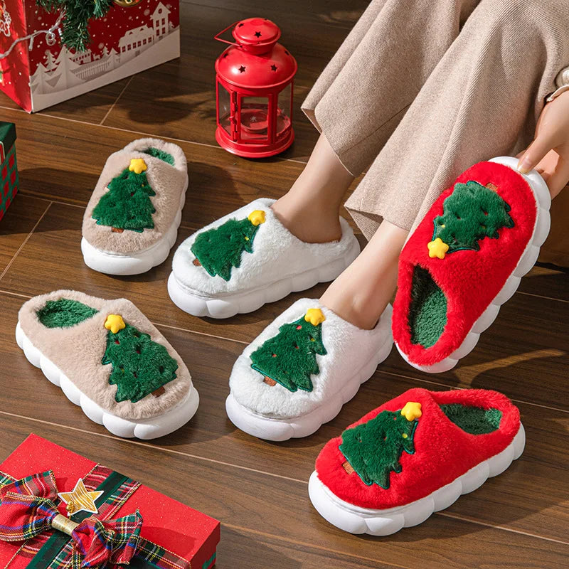 Kawaii Christmas Tree Print Women Plus Slippers Lovely Cute Soft Home Shoes Casual Warm Cozy Slipper Winter Christmas Gifts