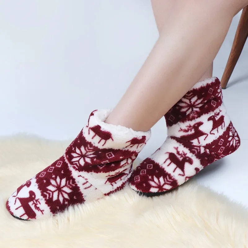 Winter Socks Shoes Woman Home Slippers Christmas Elk Indoor Shoes Warm Contton Slipper Plush Insole Anti-Skid Sole Shoes