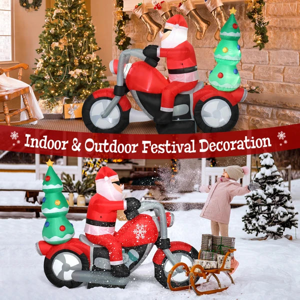 6ft  7 LED Lights Santa Claus Rides Motorcycle Garden Santa Claus Decoration Inflatable model of Santa Claus riding a motorcycle