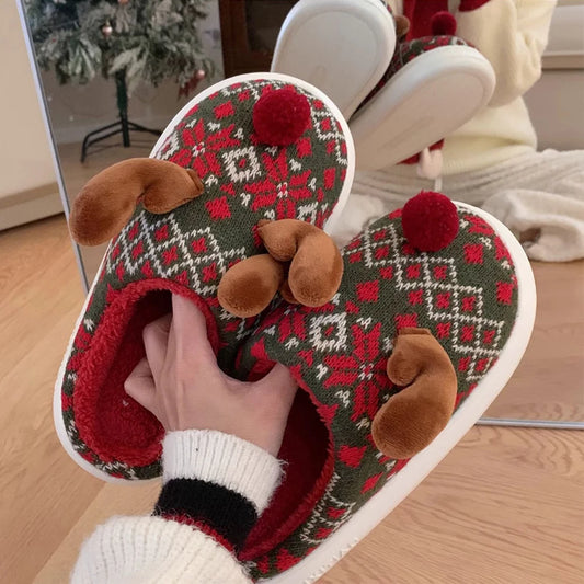 Christmas Elk Plush Slippers Flat Thermal Slippers Comfortable Furry Reindeer Slipper Cartoon Elk Slides for Men Women