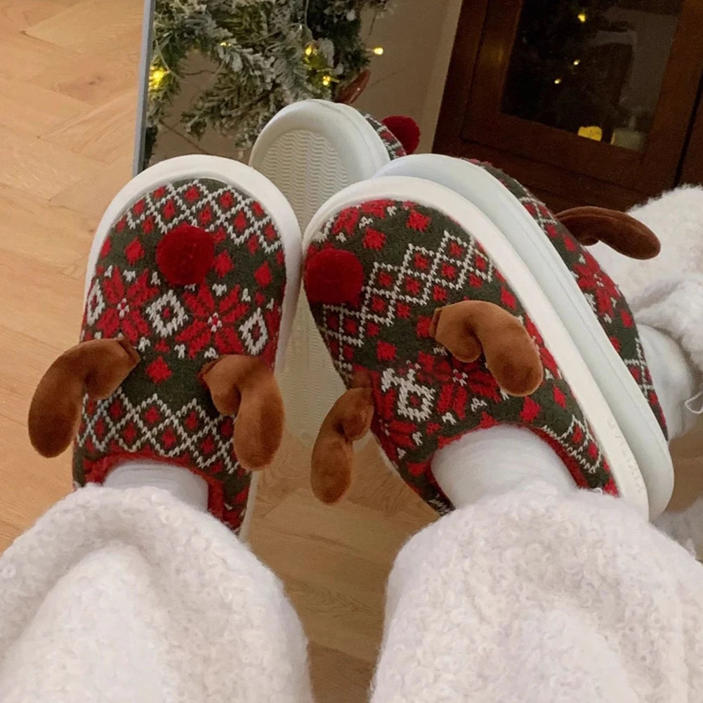 Christmas Elk Plush Slippers Flat Thermal Slippers Comfortable Furry Reindeer Slipper Cartoon Elk Slides for Men Women