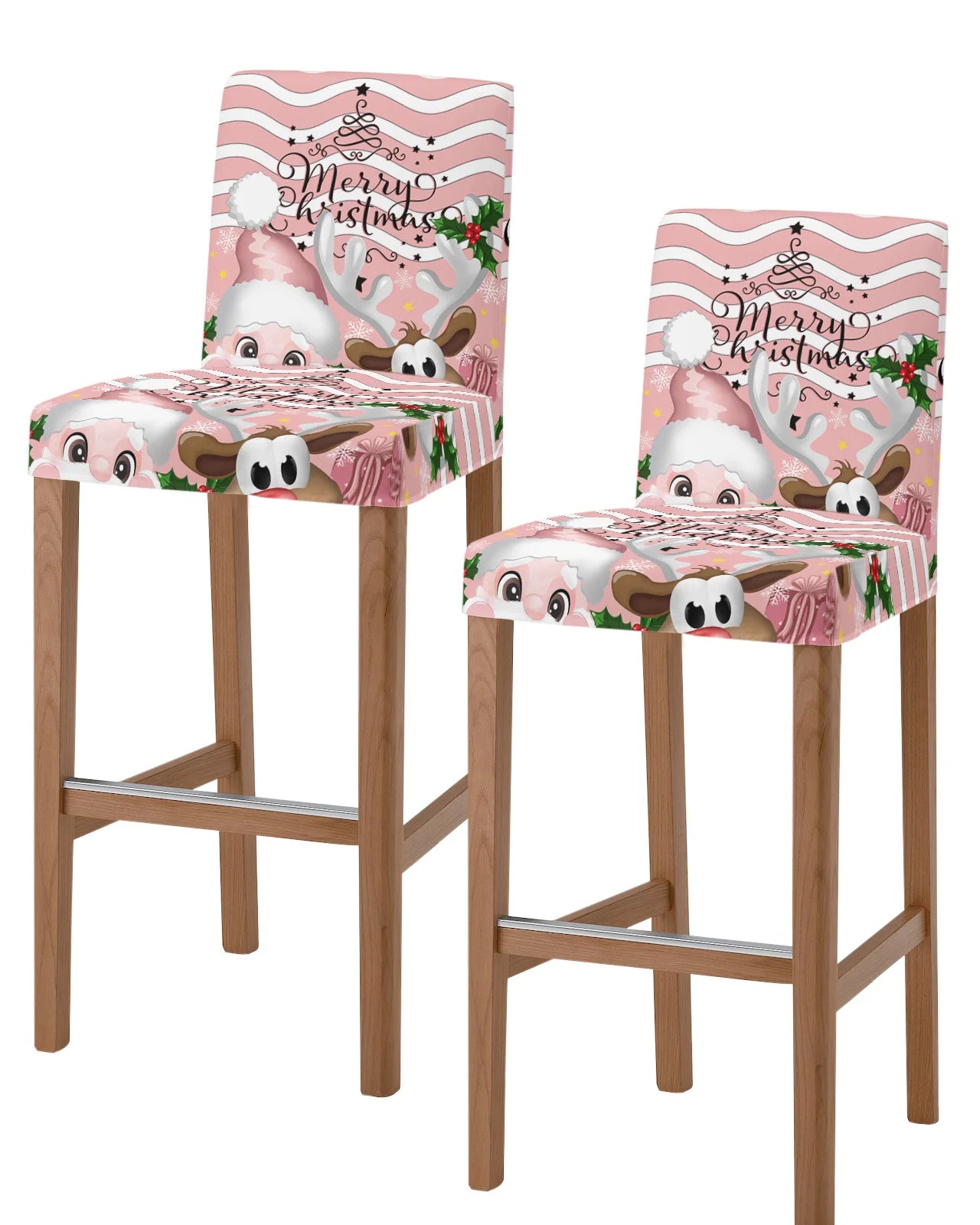 Christmas Pink Christmas Tree Snowflake High Back 2pcs Chair Covers Kitchen Elastic Bar Stool Slipcover Dining Room Seat Cases