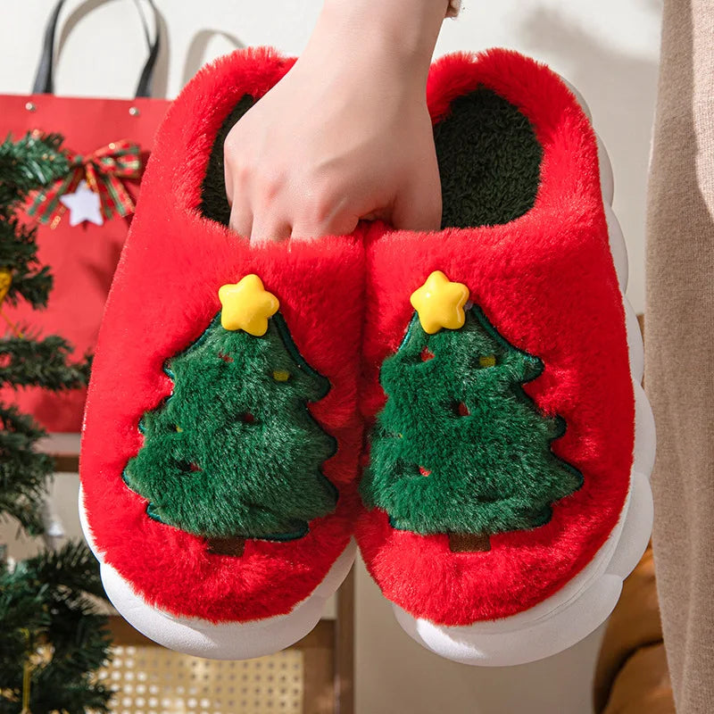 Kawaii Christmas Tree Print Women Plus Slippers Lovely Cute Soft Home Shoes Casual Warm Cozy Slipper Winter Christmas Gifts