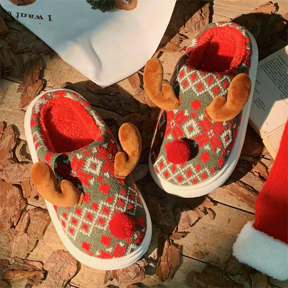 Christmas Elk Plush Slippers Flat Thermal Slippers Comfortable Furry Reindeer Slipper Cartoon Elk Slides for Men Women