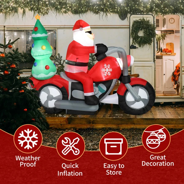 6ft  7 LED Lights Santa Claus Rides Motorcycle Garden Santa Claus Decoration Inflatable model of Santa Claus riding a motorcycle