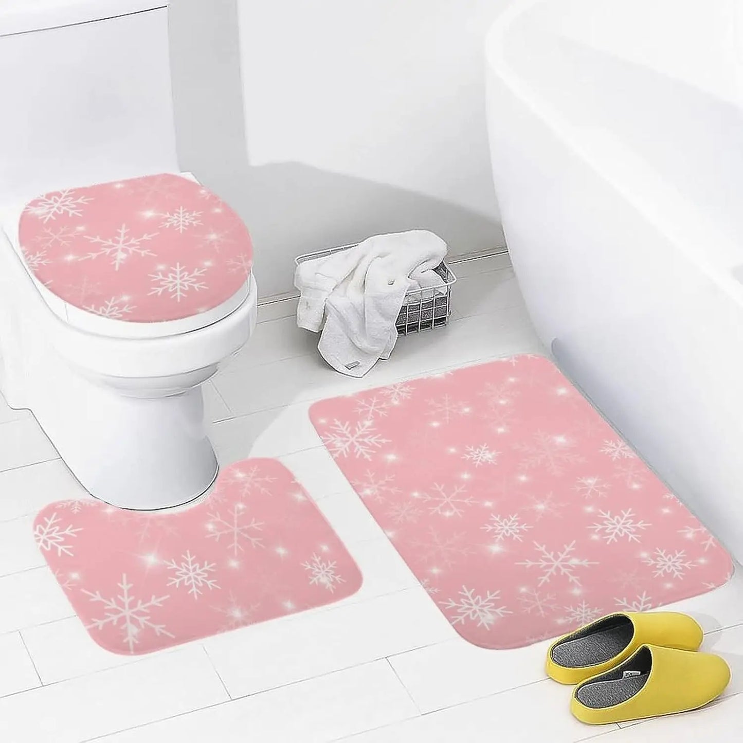 Pink Snowflakes Girly Heart Home Warm Christmas Festival Decorations and Accessories Bathroom 3Pcs/set Mats Toilet Floor Carpets