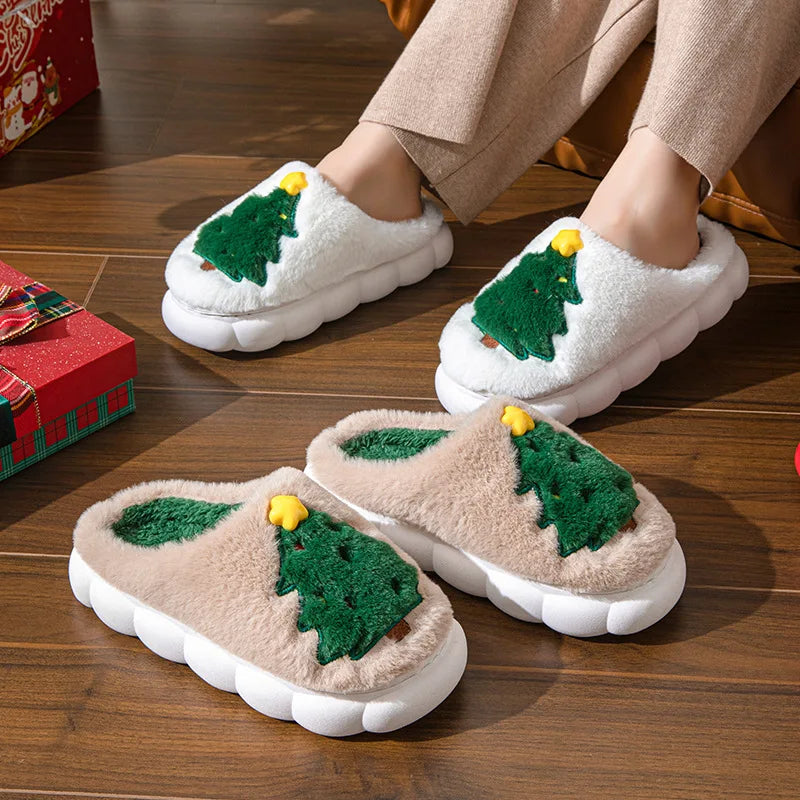 Kawaii Christmas Tree Print Women Plus Slippers Lovely Cute Soft Home Shoes Casual Warm Cozy Slipper Winter Christmas Gifts