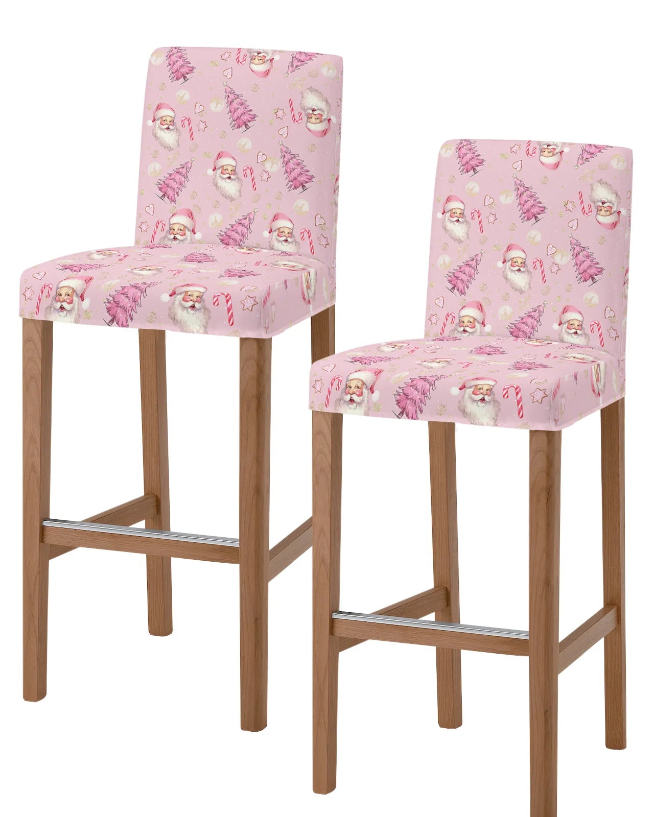 Christmas Pink Christmas Tree Snowflake High Back 2pcs Chair Covers Kitchen Elastic Bar Stool Slipcover Dining Room Seat Cases