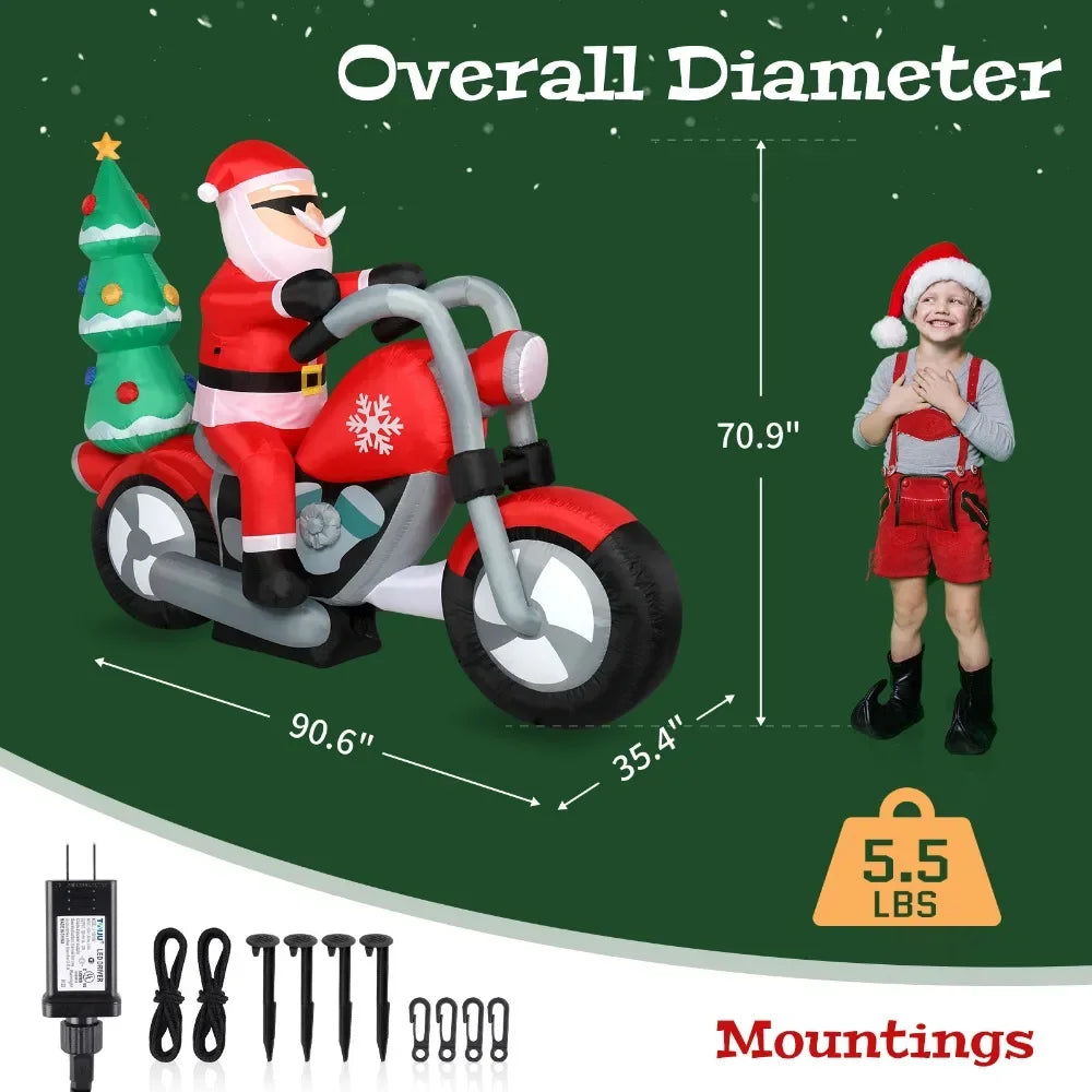 6ft  7 LED Lights Santa Claus Rides Motorcycle Garden Santa Claus Decoration Inflatable model of Santa Claus riding a motorcycle