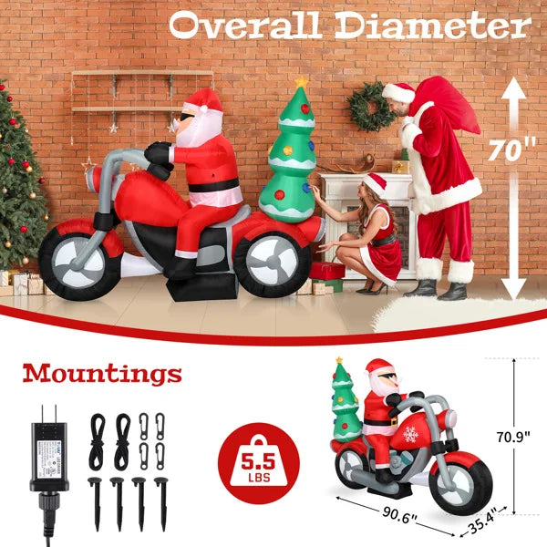 6ft  7 LED Lights Santa Claus Rides Motorcycle Garden Santa Claus Decoration Inflatable model of Santa Claus riding a motorcycle