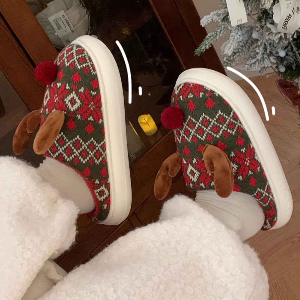 Christmas Elk Plush Slippers Flat Thermal Slippers Comfortable Furry Reindeer Slipper Cartoon Elk Slides for Men Women