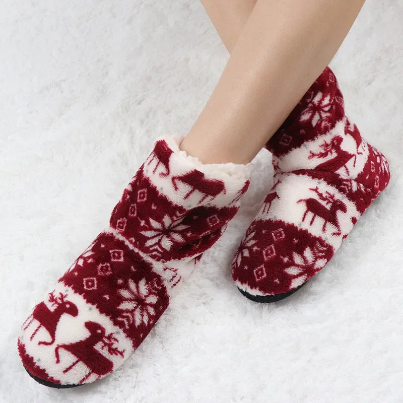 Winter Socks Shoes Woman Home Slippers Christmas Elk Indoor Shoes Warm Contton Slipper Plush Insole Anti-Skid Sole Shoes