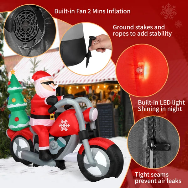 6ft  7 LED Lights Santa Claus Rides Motorcycle Garden Santa Claus Decoration Inflatable model of Santa Claus riding a motorcycle