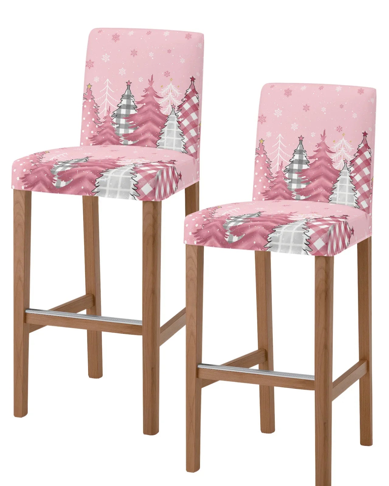 Christmas Pink Christmas Tree Snowflake High Back 2pcs Chair Covers Kitchen Elastic Bar Stool Slipcover Dining Room Seat Cases