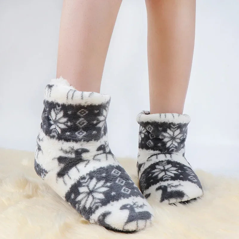 Winter Socks Shoes Woman Home Slippers Christmas Elk Indoor Shoes Warm Contton Slipper Plush Insole Anti-Skid Sole Shoes